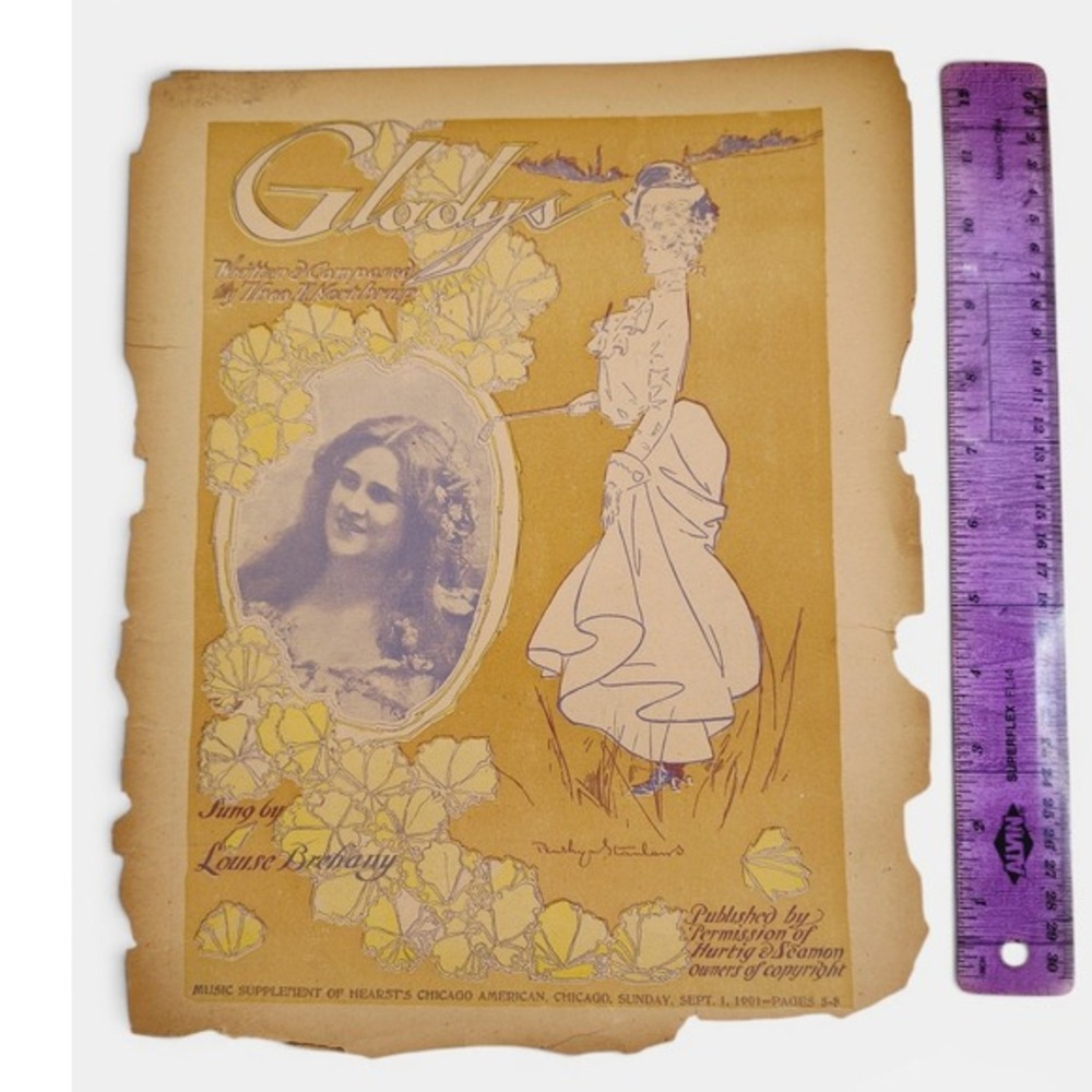 Glady's 1901 Antique Sheet Music Art Nouveau‎ Portrait Cover American Ephemera
